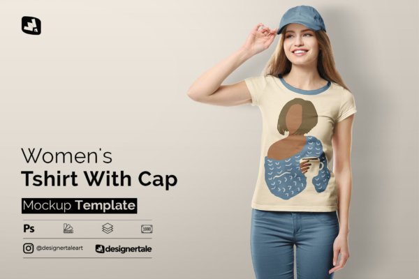 戴帽子女士半袖T恤印花图案设计展示贴图样机 Womens Tshirt With Cap Mockup