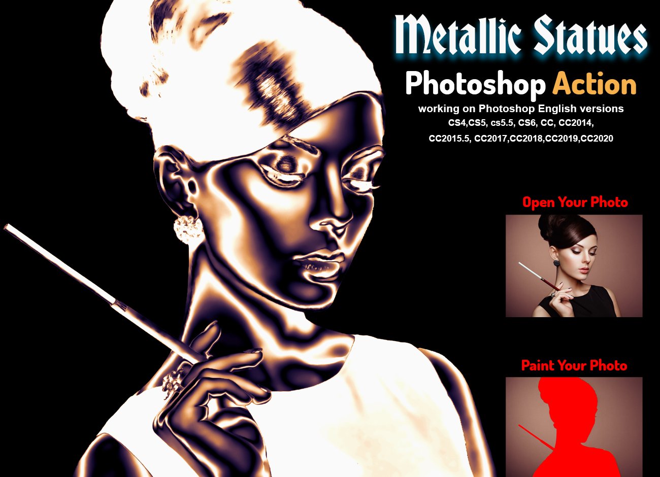 逼真金属雕像效果人像处理特效PS动作模版 Metallic Statues Photoshop Action插图