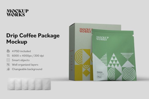 4个时尚咖啡自封袋包装盒设计样机模板 Drip Coffee Package Mockup