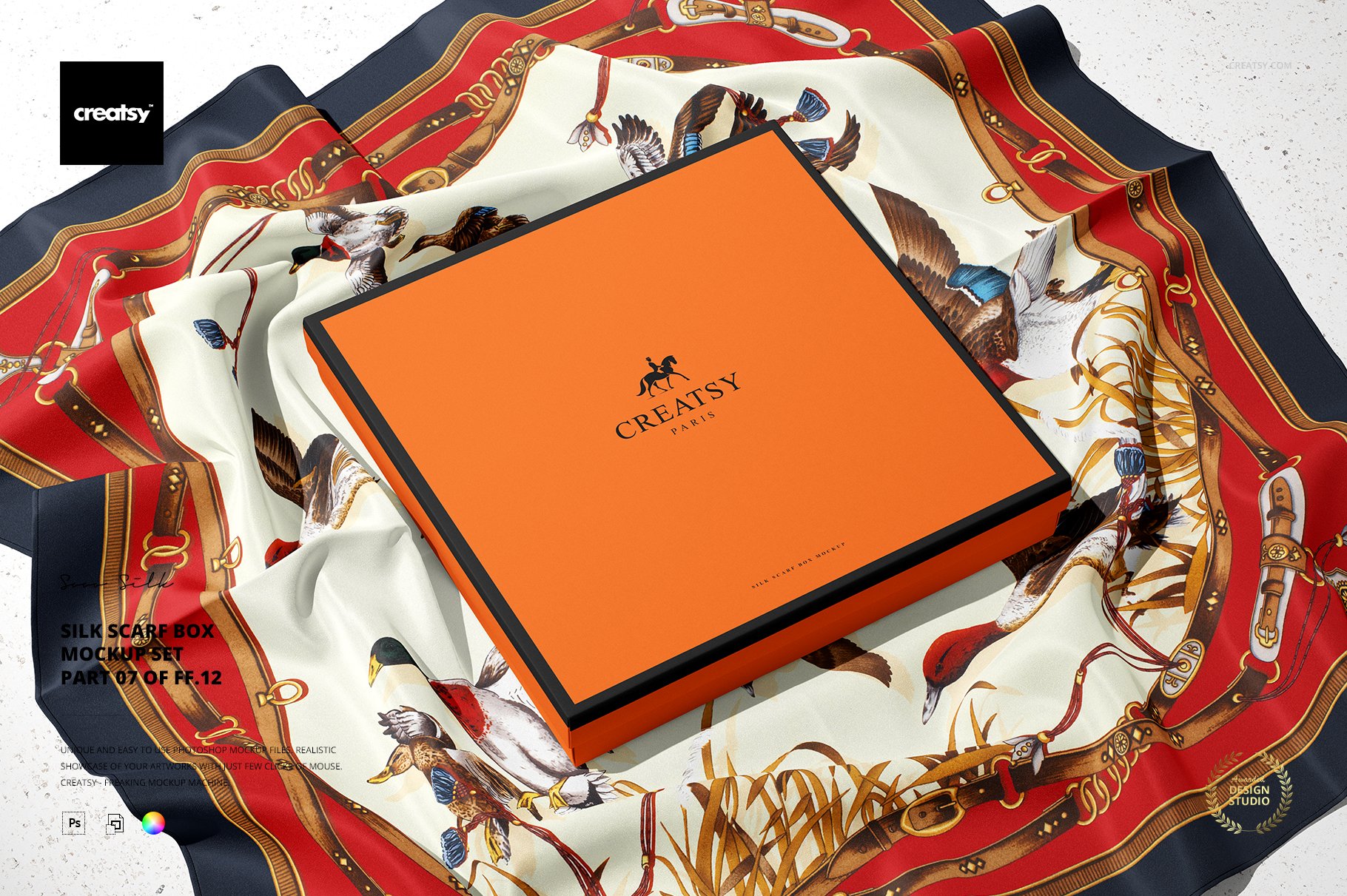 时尚真丝丝绸围巾印花图案设计展示样机 silk scarf box mockup set