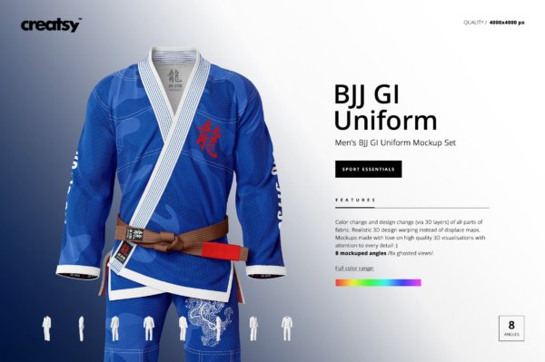 8个高品质跆拳道柔术制服印花图案设计PS智能贴图样机素材 Brazilian Jiu Jitsu GI Mockup