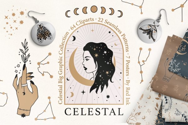 神秘占星术天体月亮星星蝴蝶女性头像手绘剪贴画矢量图案设计素材 Celestial Clipart & Pattern Magic Pack