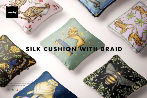 真丝丝绸面料抱枕枕头设计PS贴图样机模板 Silk Cushion with Braid Mockup Set