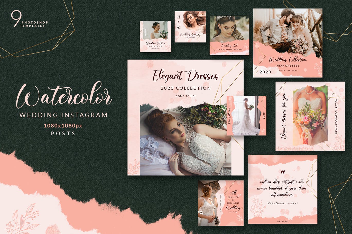 创意撕纸效果婚礼摄影品牌推广新媒体海报模板 Wedding Watercolor Instagram插图