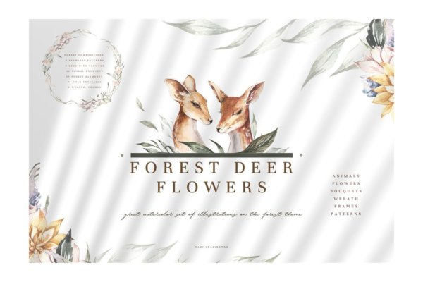 时尚花卉小鹿手绘水彩画无缝隙图案设计素材 Forest Deer & Flowers