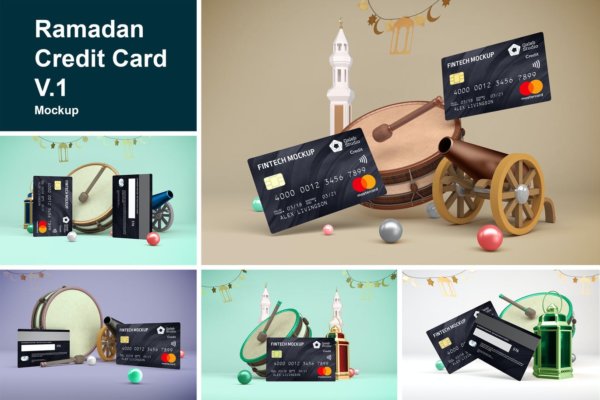 阿拉伯风银行信用卡设计展示样机模板 Ramadan Credit Card V.1