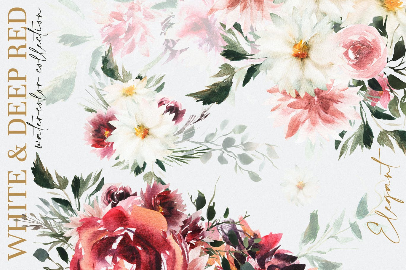 39款玫瑰花花卉手绘水彩画图片设计素材watercolorwhitedeepred