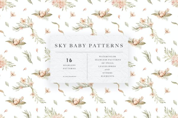 16款精致棉花小鸟树枝花卉手绘水彩画PNG无缝隙图案素材 Watercolor Sky Baby Patterns