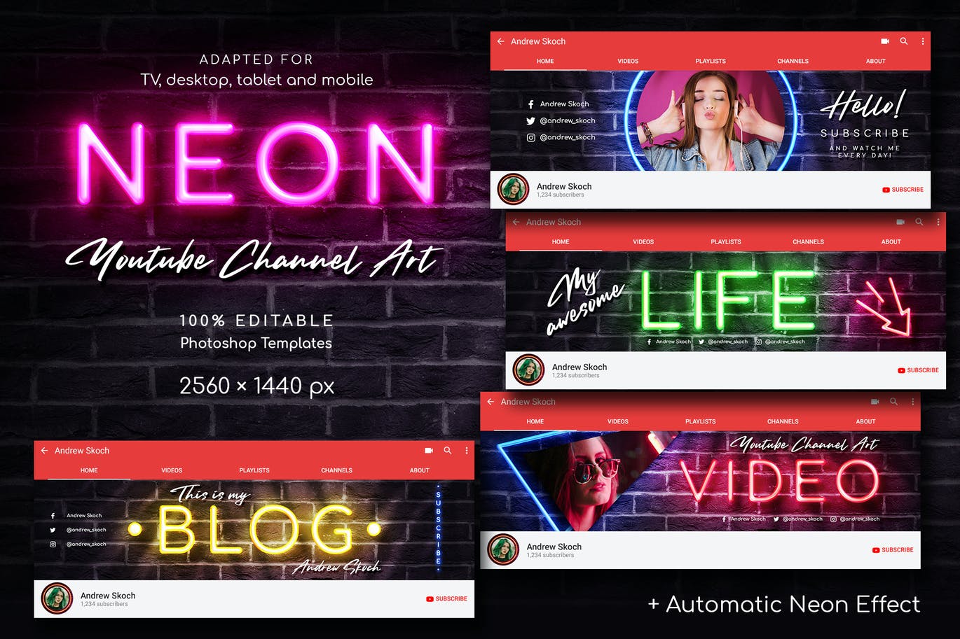 时尚创意霓虹灯效果youtube频道封面海报设计psd模板neon Youtube Channel Art 早道大咖