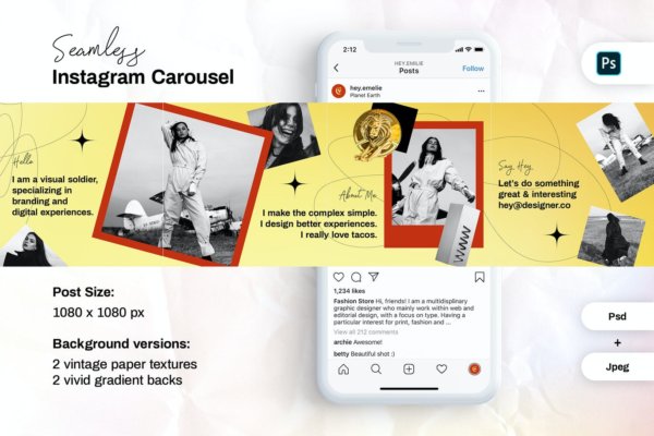 潮流复古INS风新媒体推广电商海报设计模板 Seamless Instagram Carousel