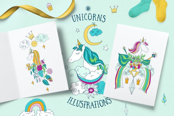 可爱卡通独角兽手绘插画矢量设计素材 Unicorns Illustrations