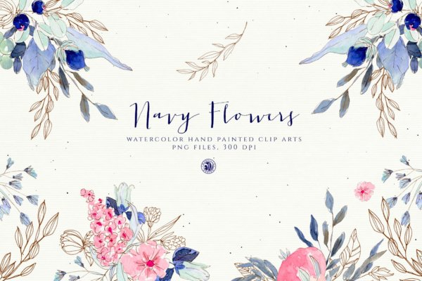 海军蓝手绘花卉水彩剪贴画手绘插画设计素材 Watercolor Navy Flowers