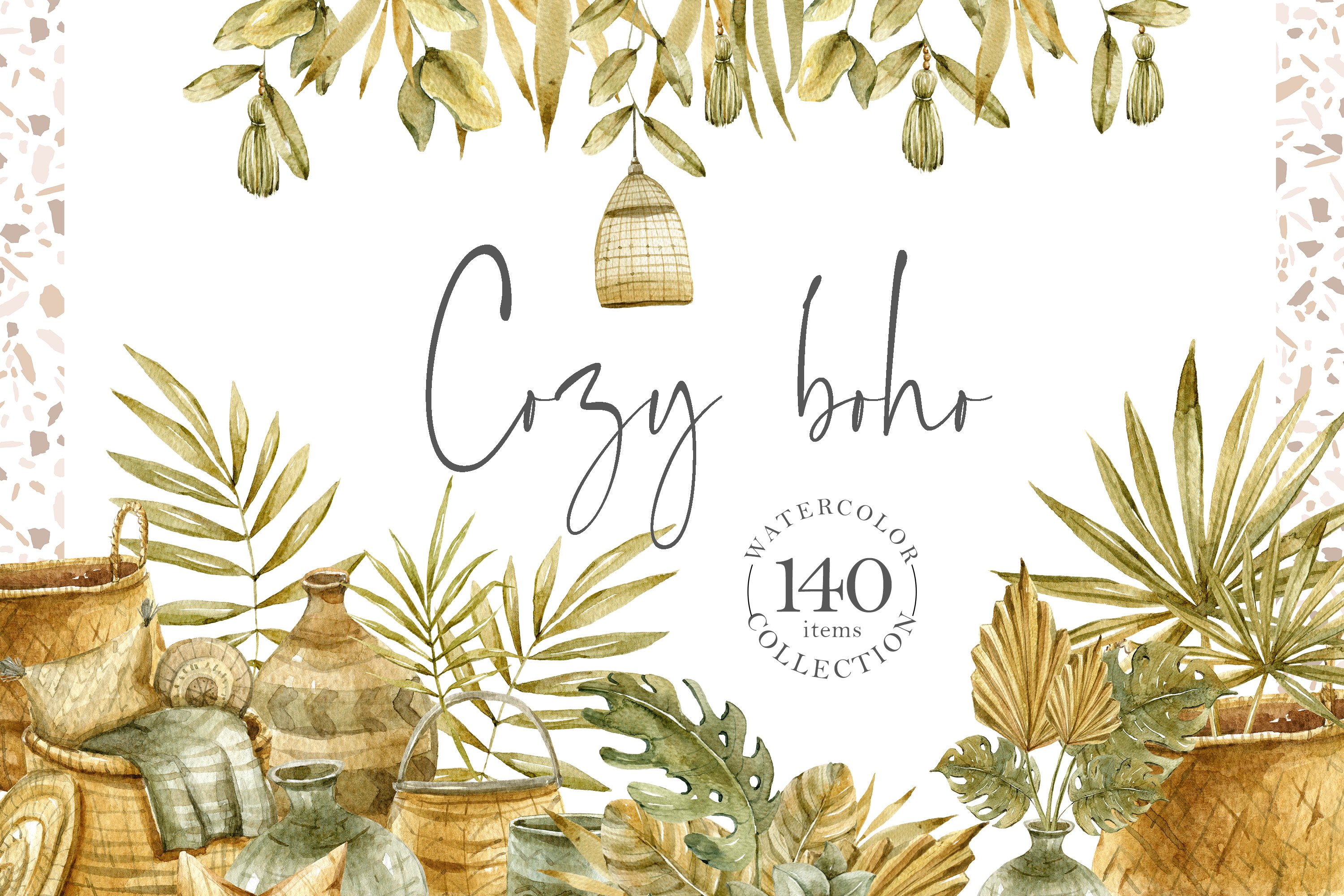 华丽波西米亚风树叶花框手绘剪贴画png透明背景图片素材watercolor Boho Clipart Collection 早道大咖