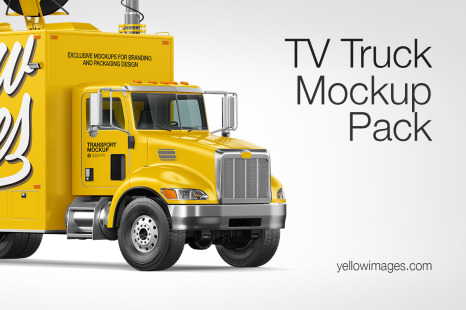 7款电视台采访卡车车身广告设计展示样机 TV Truck Mockup Pack