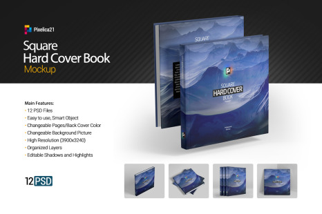 12款方形精装书封面设计贴图样机PSD模板素材 Square Hard Cover Book Mockup