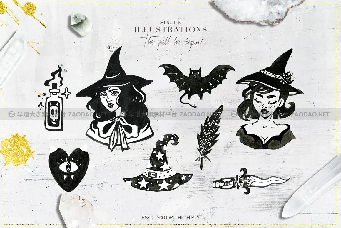 57款恐怖万圣节元素巫婆魔术手绘插画PNG透明图片设计素材 Witchcraft Clipart Magical Illustrations插图1