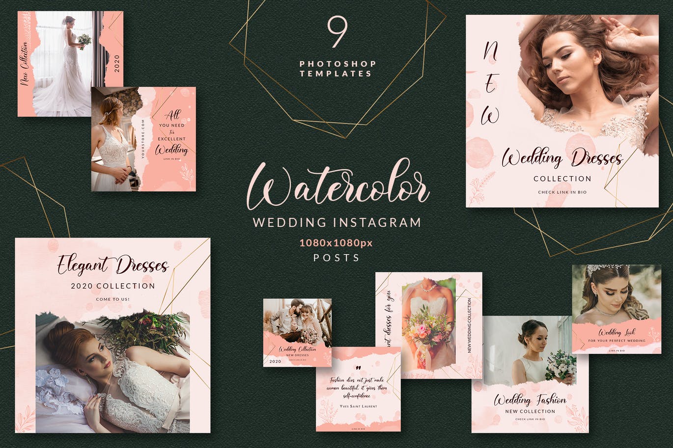 创意撕纸效果婚礼摄影品牌推广新媒体海报模板 Wedding Watercolor Instagram插图2