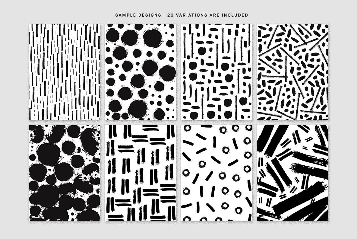 20个简约水墨毛笔笔触纹理无缝隙图案EPS矢量设计素材 Black Ink Drawn Patterns插图3