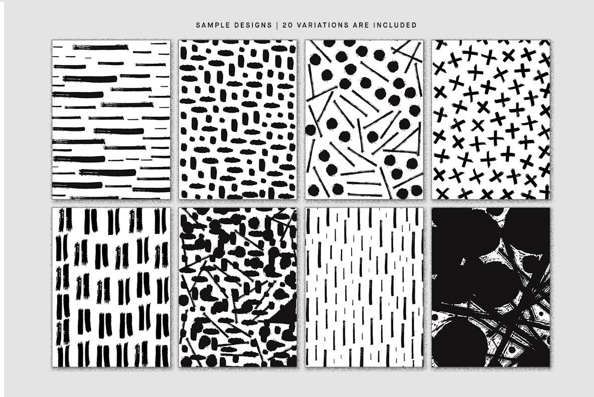 20个简约水墨毛笔笔触纹理无缝隙图案EPS矢量设计素材 Black Ink Drawn Patterns插图5