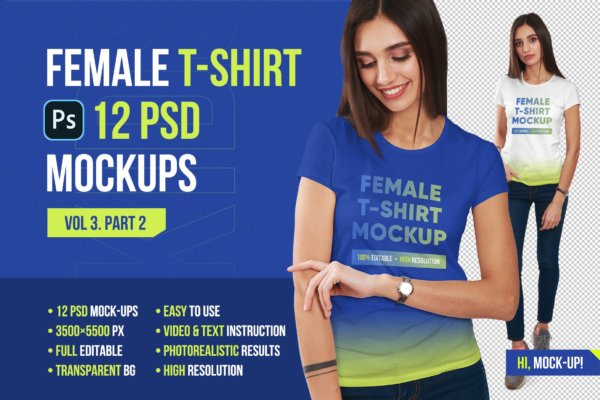 12款逼真女士半袖T恤设计智能贴图演示PSD样机素材 Female T-Shirt Mockups Vol 3 Part 2