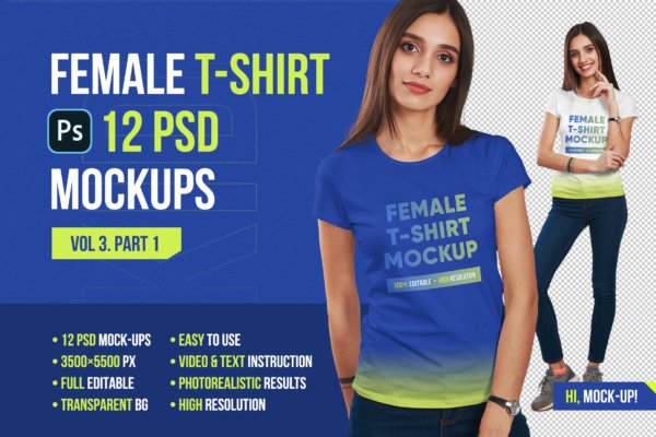 12款高品质女士半袖T恤印花图案设计展示PS智能贴图样机 Female T-Shirt Mockups Vol 3 Part 1