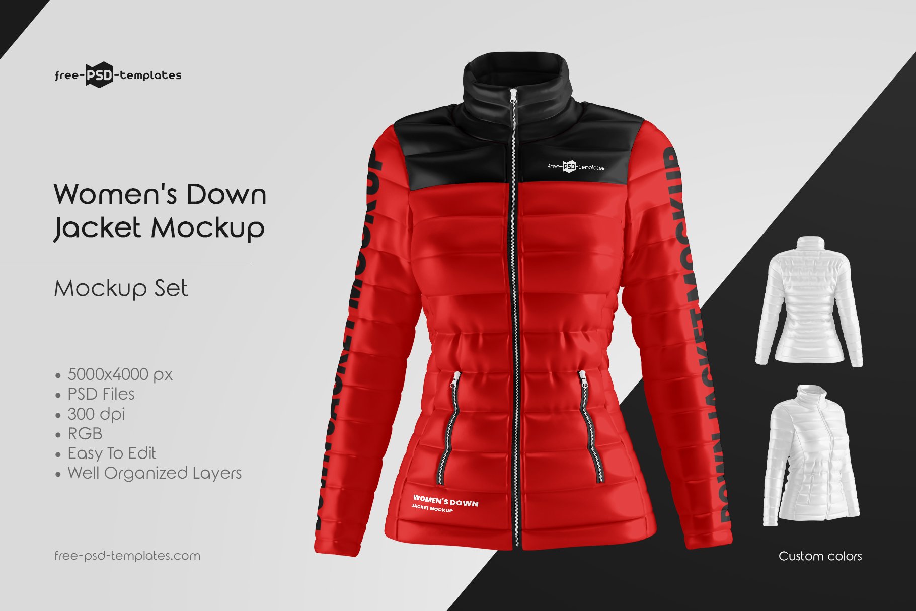 时尚女士羽绒服印花图案设计PSD样机模板 Womens Down Jacket Mockup Set插图