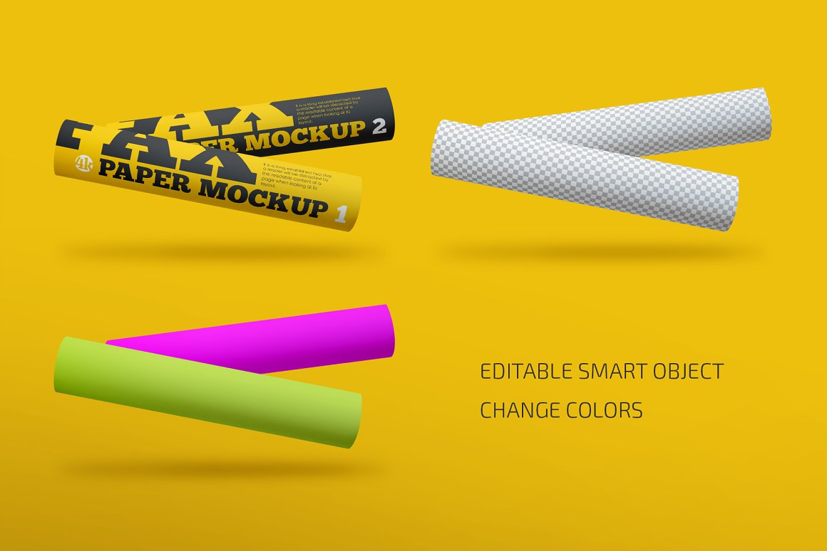 哑光保鲜膜传真纸卷设计贴图样机套装 Matte Fax Paper Roll Mockup Set插图1