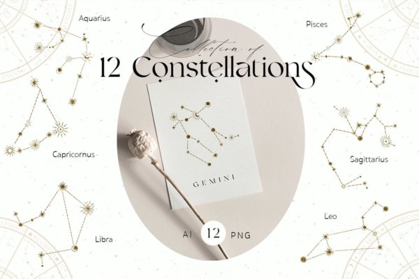 12款星座生肖占星术剪贴画PNG免扣图片设计素材 12 Constellations