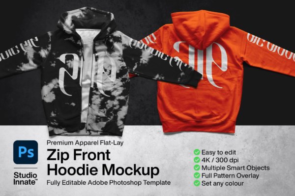 潮流拉链连衣帽卫衣印花图案设计PS智能贴图样机模板 Zip Front Hoodie Mockup