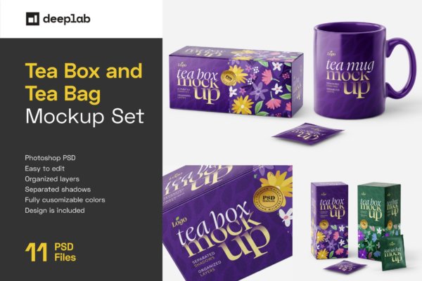 11款时尚茶叶盒茶叶袋马克杯PS贴图样机模板 Tea Box and Tea Bag Mockup Set