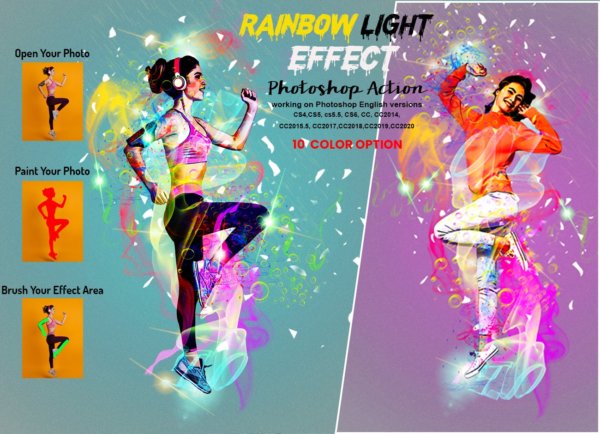 炫彩彩虹光摄影照片修图PS动作模板 Rainbow Light Effect PS Action