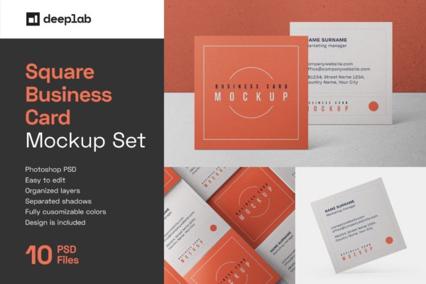 10个方形商务名片卡片邀请卡设计贴图样机合集 Square Business Card Mockup Set