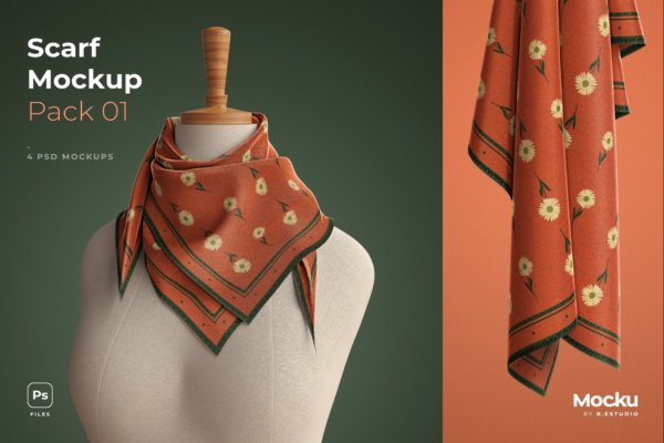 精致真丝丝绸围巾印花图案设计贴图样机素材 Silk Scarf Mockup – Big – Pack 01