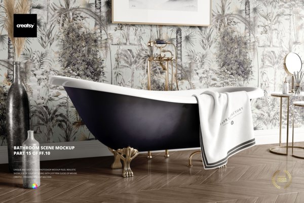 时尚浴室场景壁纸浴巾设计贴图样机模板 Bathroom Scene Mockup