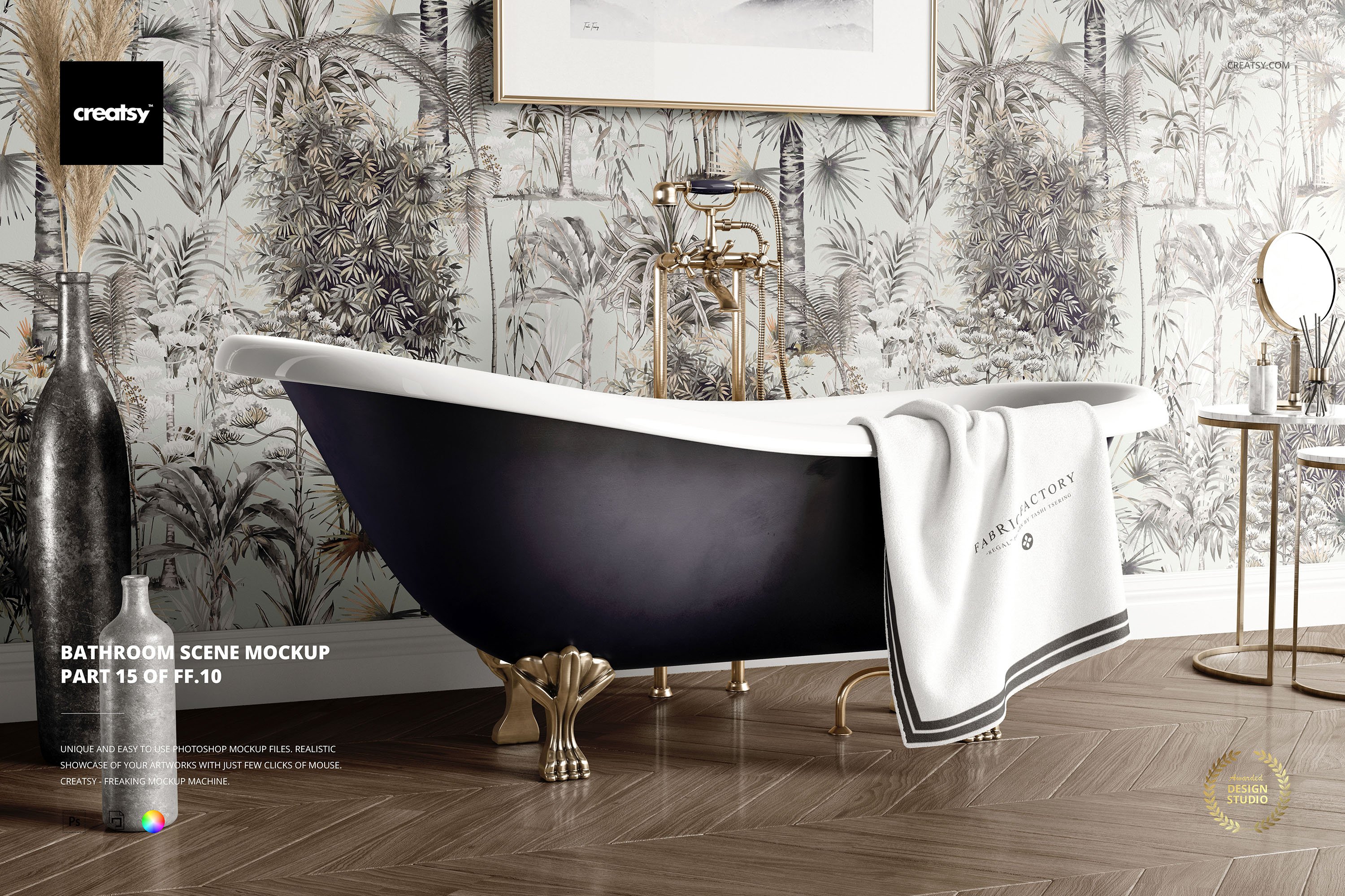 时尚浴室场景壁纸浴巾设计贴图样机模板 Bathroom Scene Mockup插图