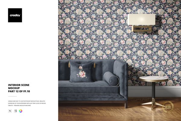 时尚室内场景沙发壁纸设计PS贴图样机模板 Interior Scene Mockup