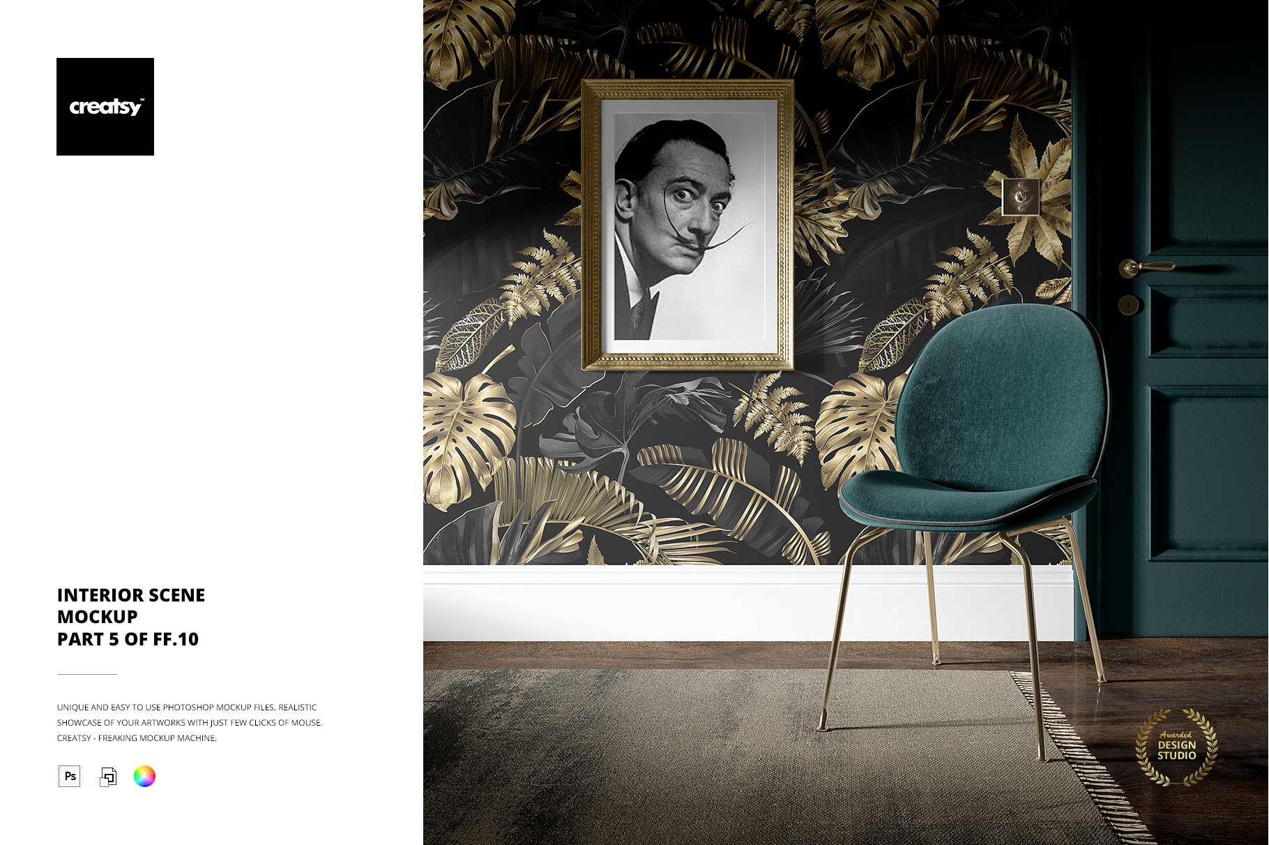 时尚室内场景壁纸相框椅子设计贴图样机模板 Interior Scene Mockup插图