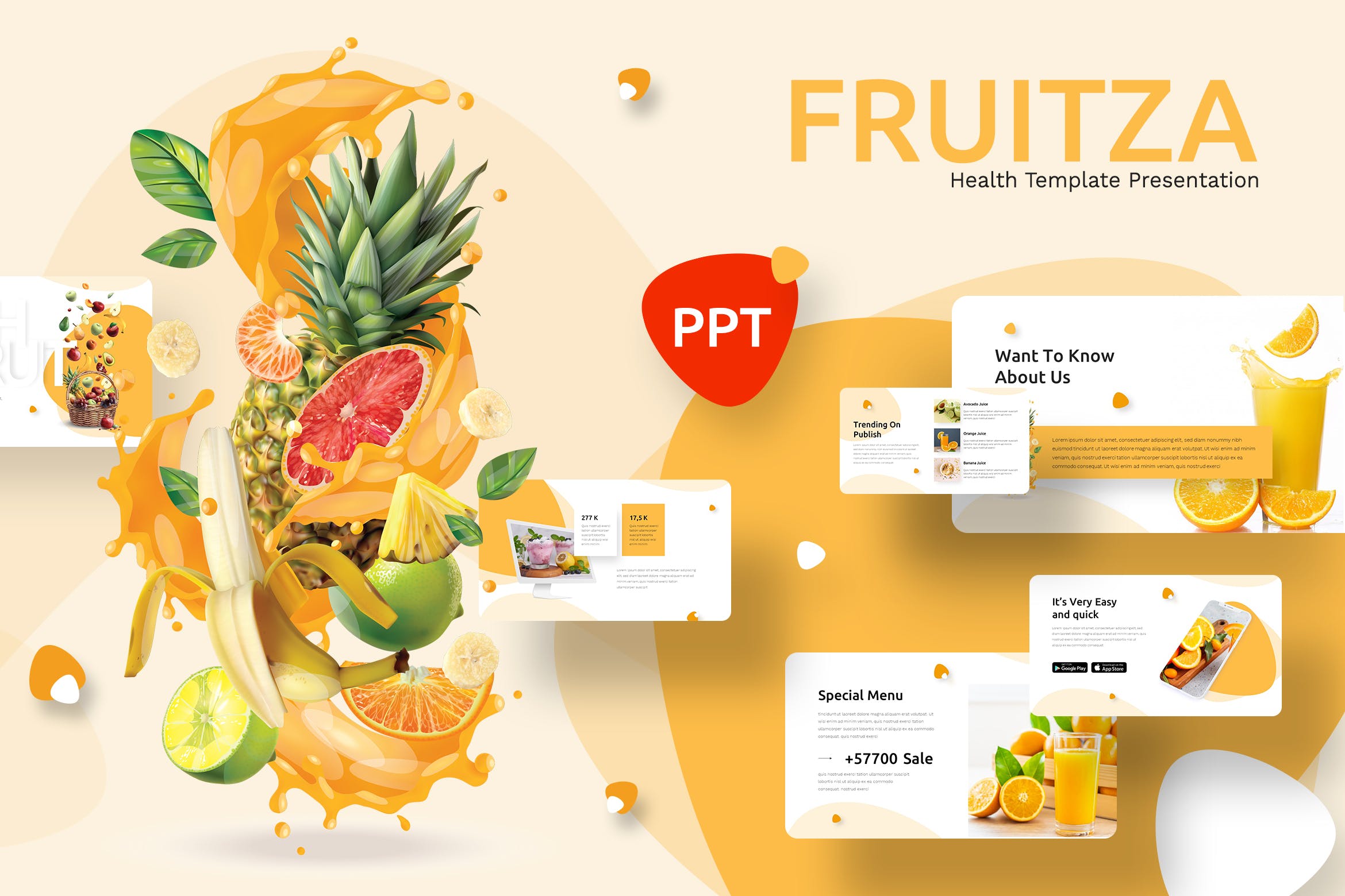 现代多彩水果果汁图文排版演示文稿设计Keynote+ppt模板 Fruitza – Fresh Keynote+ppt Template插图
