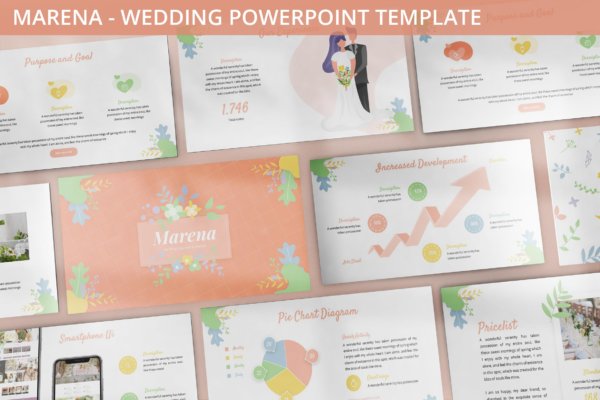 清新婚礼策划图文排版PPT幻灯片设计模板 Marena – Wedding Powerpoint Template