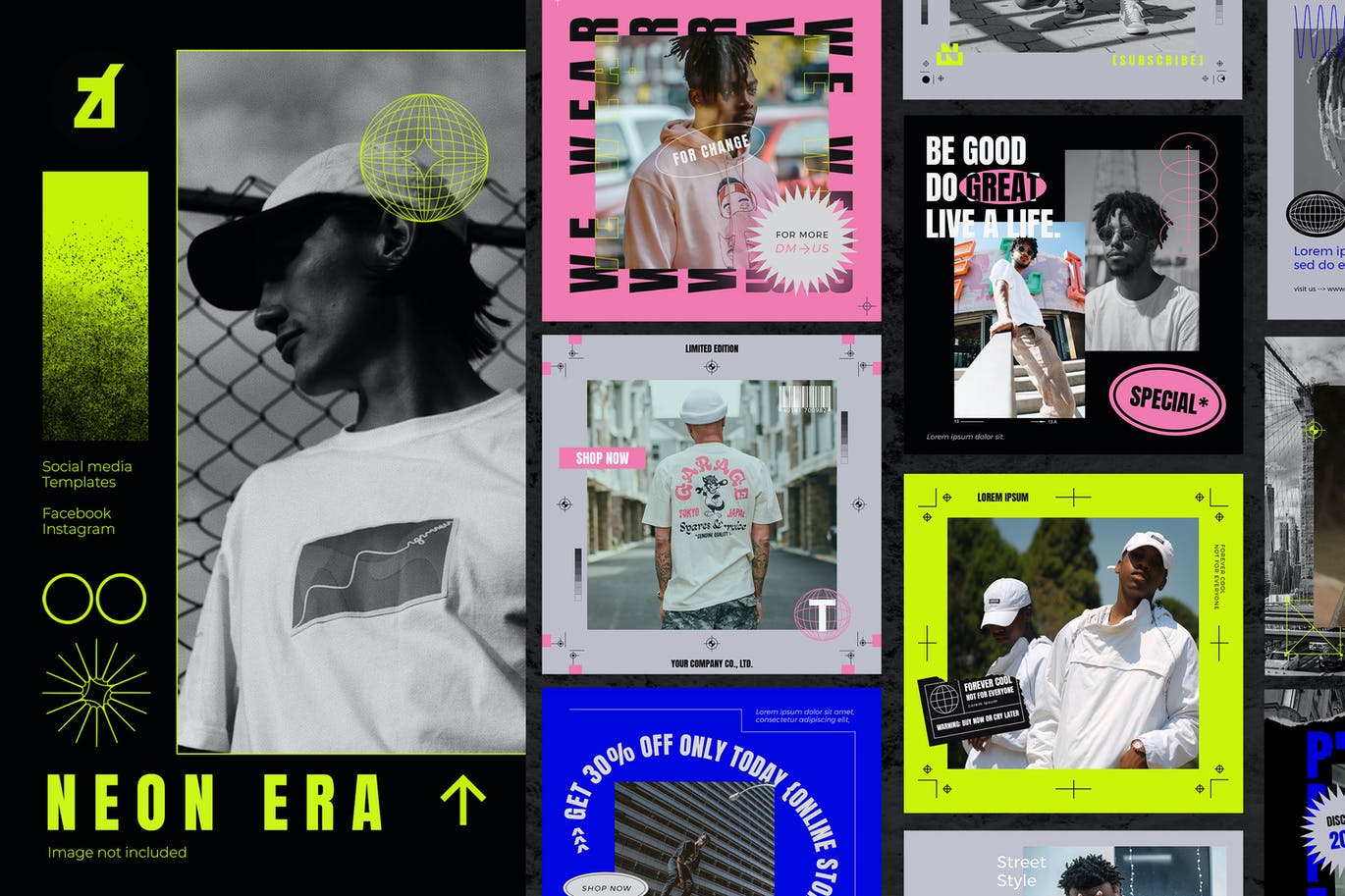 现代潮流霓虹服装潮牌推广新媒体海报设计PSD模板素材 Neon Era Social Media Graphic Templates插图 现代潮流霓虹服装潮牌推广新媒体海报设计PSD模板素材 Neon Era Social Media Graphic Templates插图