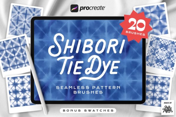 20款面料扎然艺术绘画iPad Procreate笔刷设计素材 Procreate Tie Dye Shibori Seamless Pattern Brushes