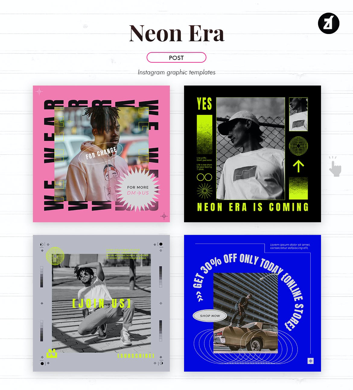 现代潮流霓虹服装潮牌推广新媒体海报设计PSD模板素材 Neon Era Social Media Graphic Templates插图1 现代潮流霓虹服装潮牌推广新媒体海报设计PSD模板素材 Neon Era Social Media Graphic Templates插图1