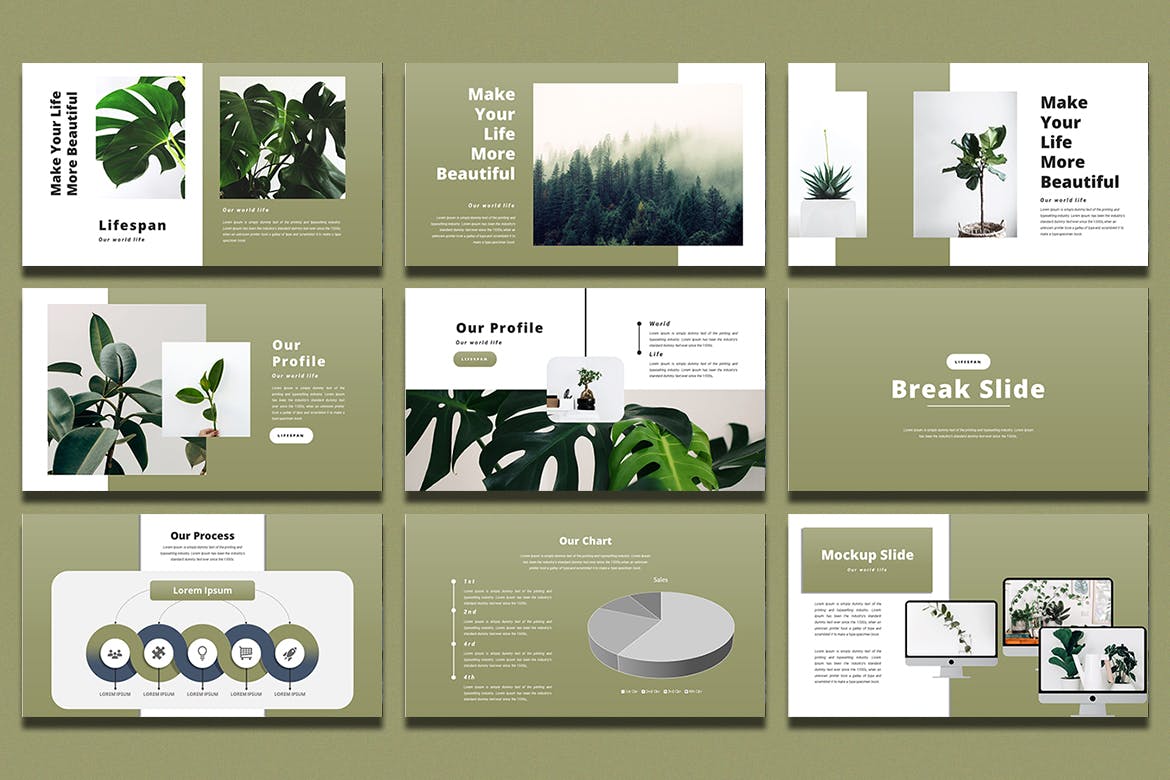 绿色系简约作品集演示文稿设计模板lifespan–powerpointtemplate