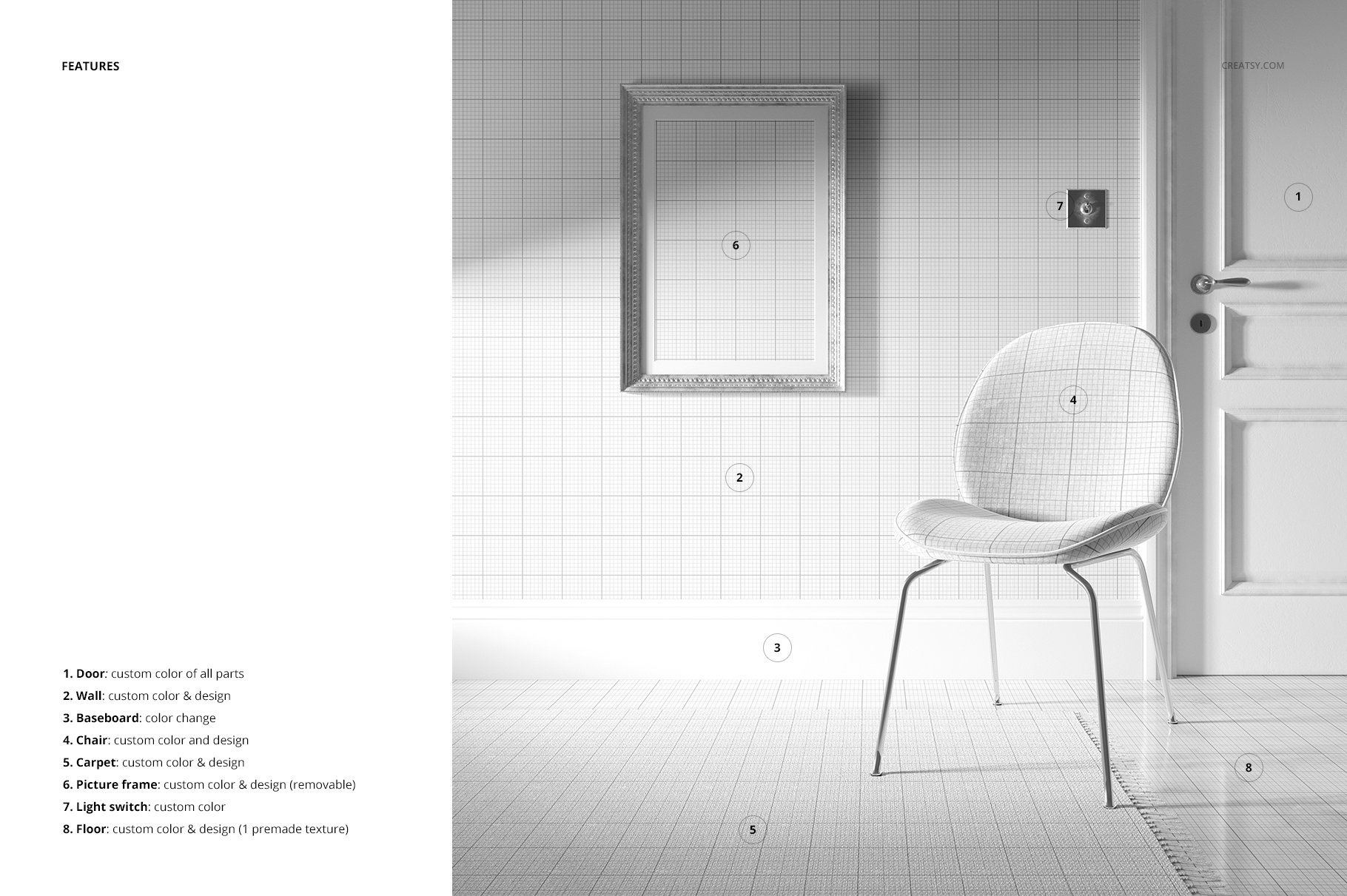 时尚室内场景壁纸相框椅子设计贴图样机模板 Interior Scene Mockup插图3