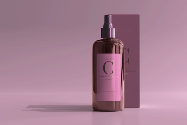 9款逼真琥珀色化妆品喷雾瓶包装盒设计贴图PSD样机模板 Amber Glass Cosmetic Spray Bottle Mockup Vol.2