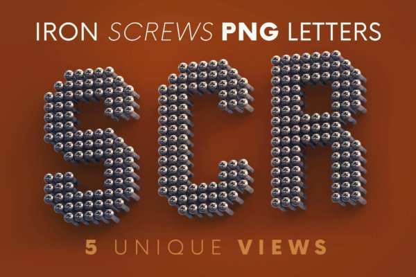 逼真金属3D铁螺丝钉创意字母PNG透明图片设计素材 Iron Screws – 3D Lettering