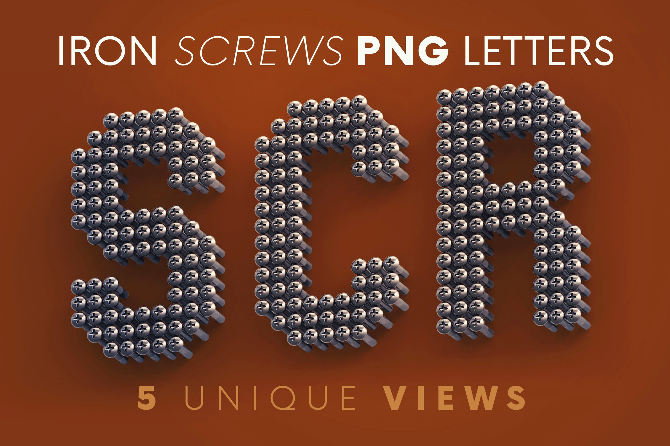 逼真金属3D铁螺丝钉创意字母PNG透明图片设计素材 Iron Screws – 3D Lettering插图