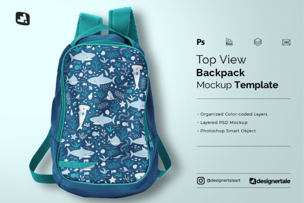 顶视图旅行双肩背包印花图案设计贴图样机 Top View Backpack Mockup