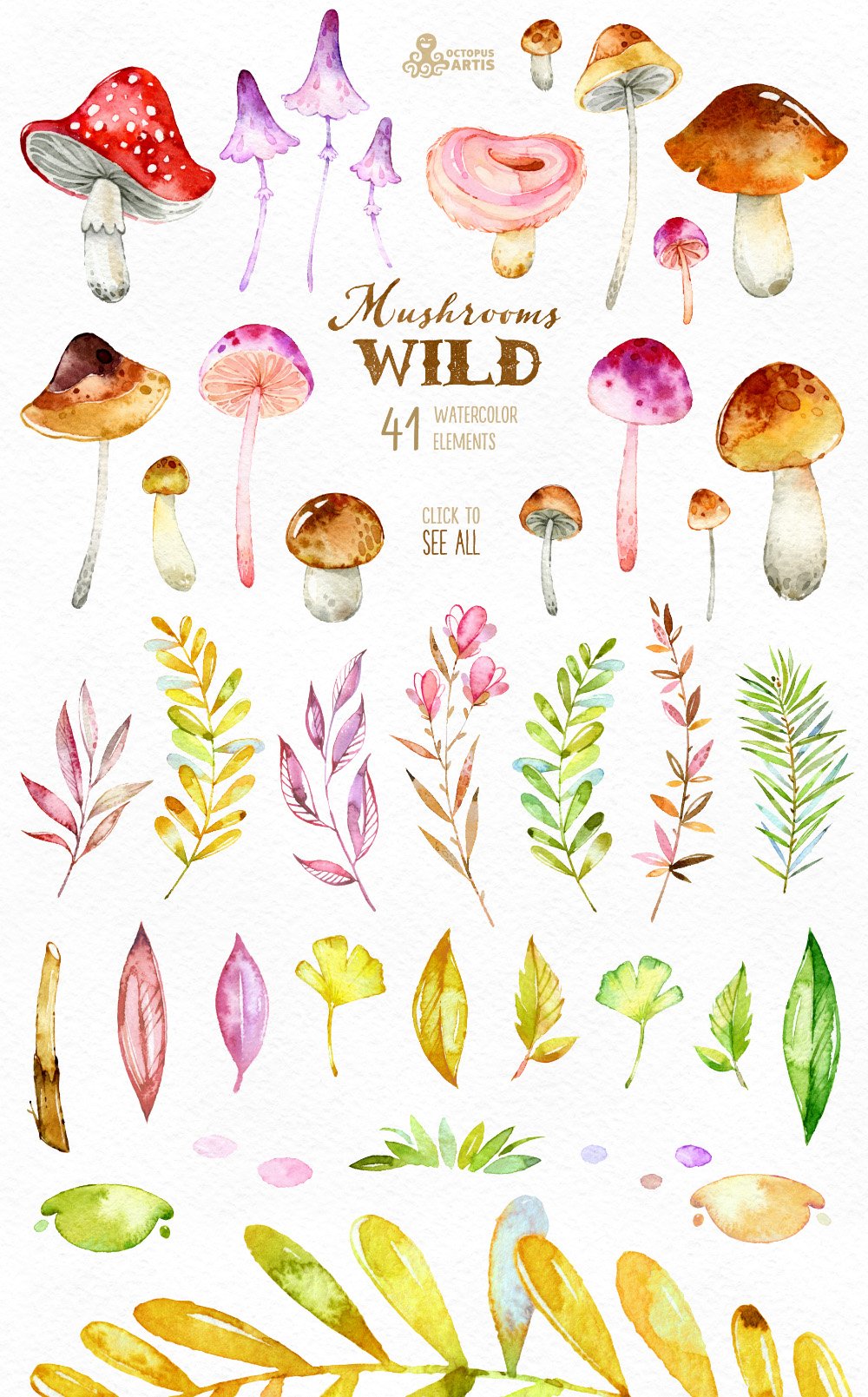 神奇野生森林蘑菇手绘水彩画png透明背景图片素材 wild mushrooms