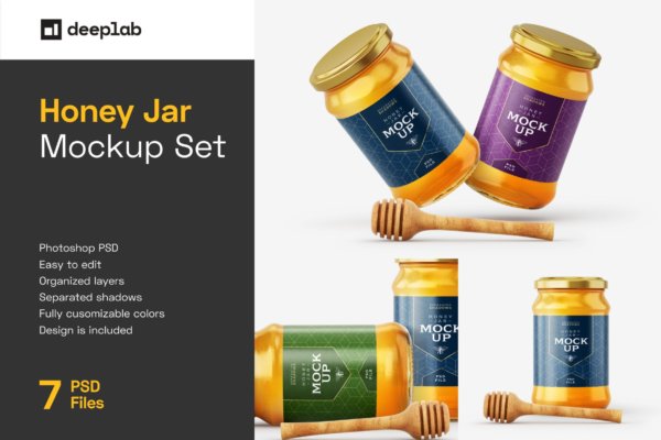 7款时尚蜂蜜包装玻璃罐标签设计贴图样机模板 Honey Jar Mockup Set With Dipper